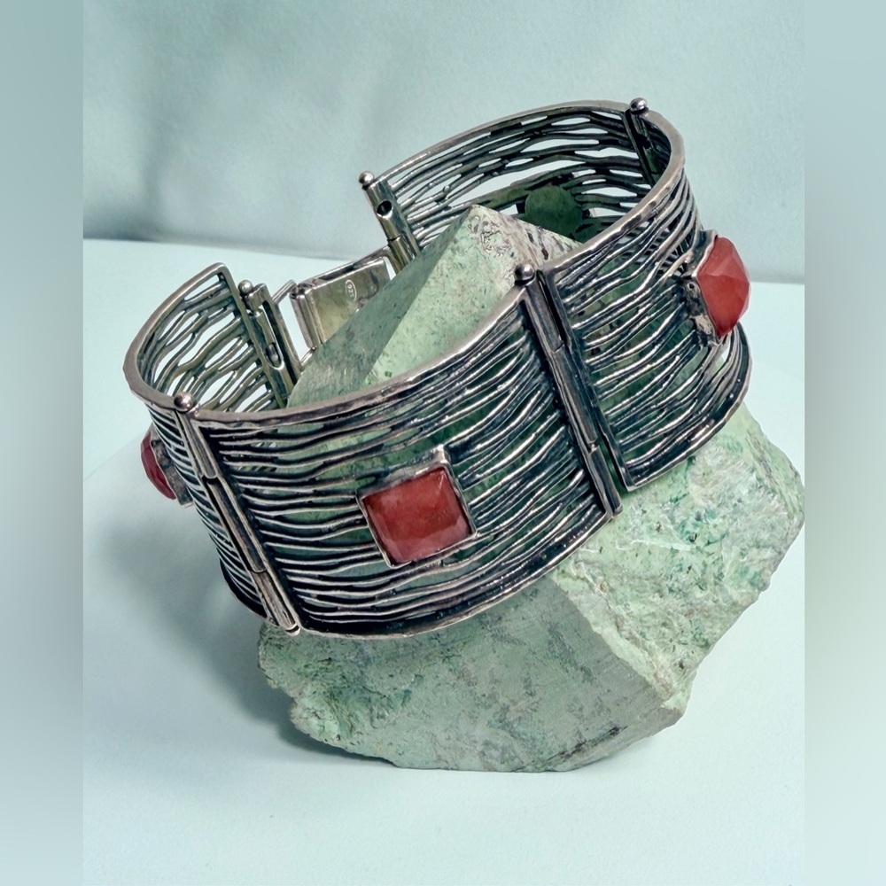 Silpada Rare Oxidized Sterling & Cherry Quartz Artistic Panel Bracelet w/Safety